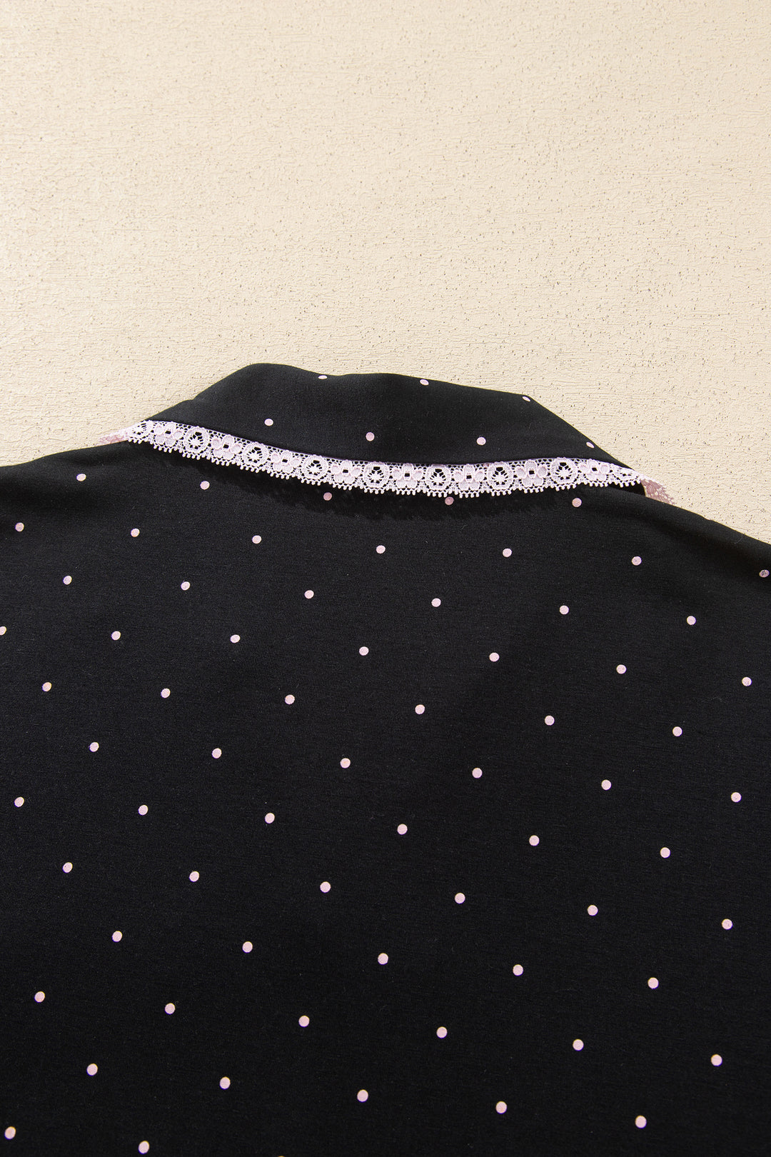 Black Polka Dot Long Sleeve Shirt Lace Detail Two Piece Pajama Pant Set