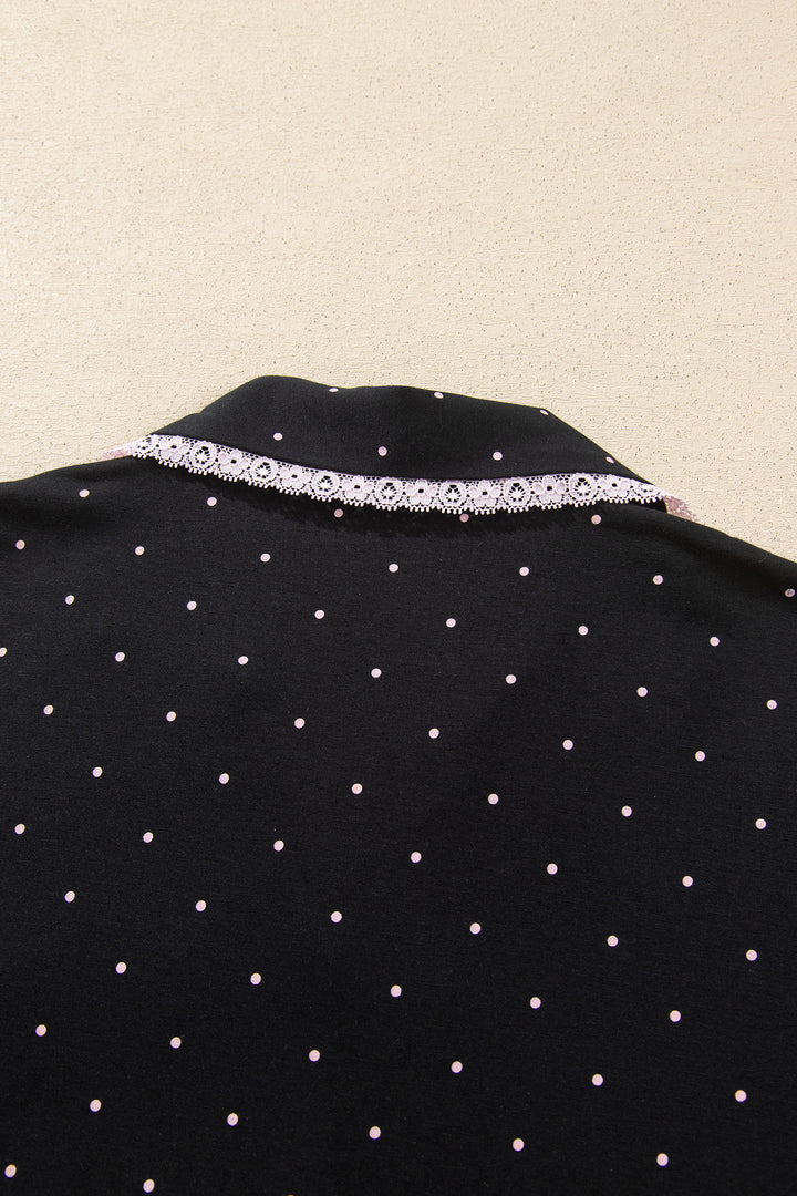 Black Polka Dot Long Sleeve Shirt Lace Detail Two Piece Pajama Pant Set