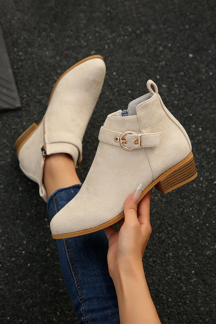 Classic Buckle Strap Chunky Heel Suede Boots