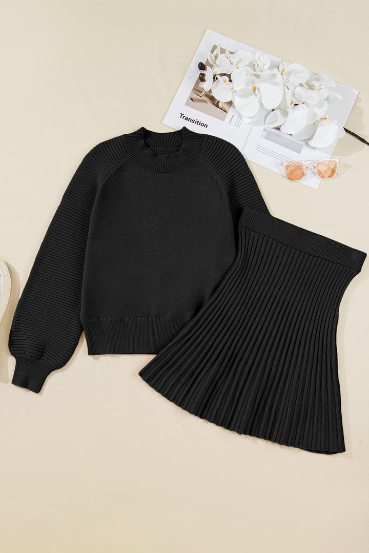 Black High Neck Sweater Pleated Mini Skirt 2pcs Knitted Outfit