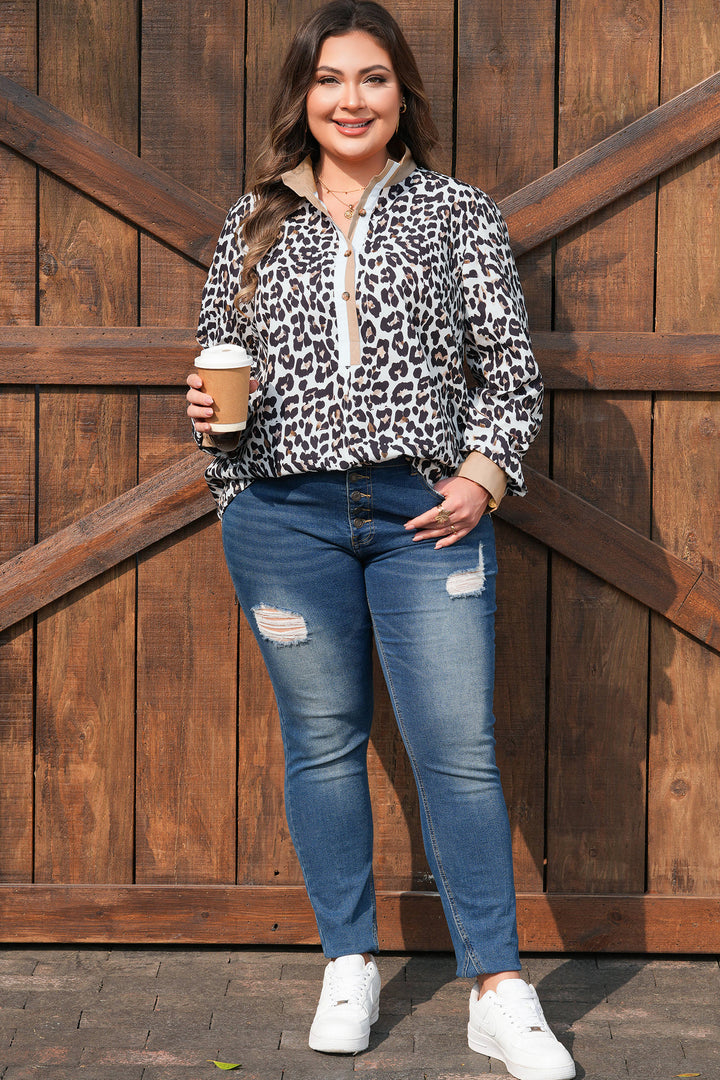 Multicolour Leopard Print Contrast Trim Button Split Neck Plus Long Sleeve Top