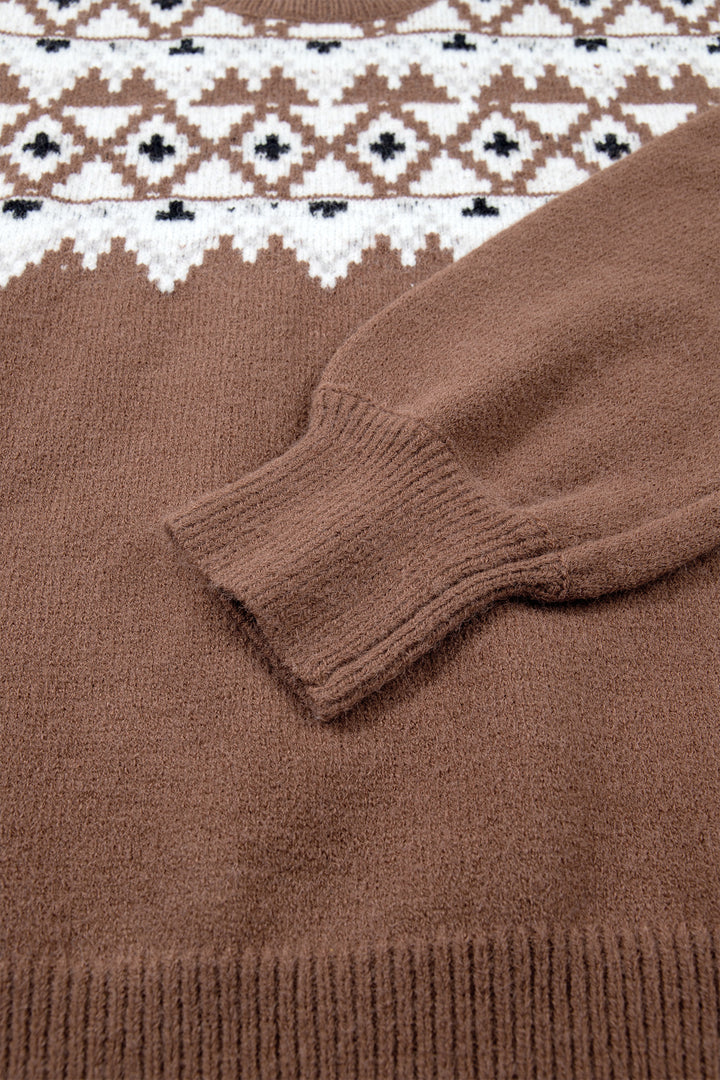 Khaki Geometric Print Casual Pullover Sweater