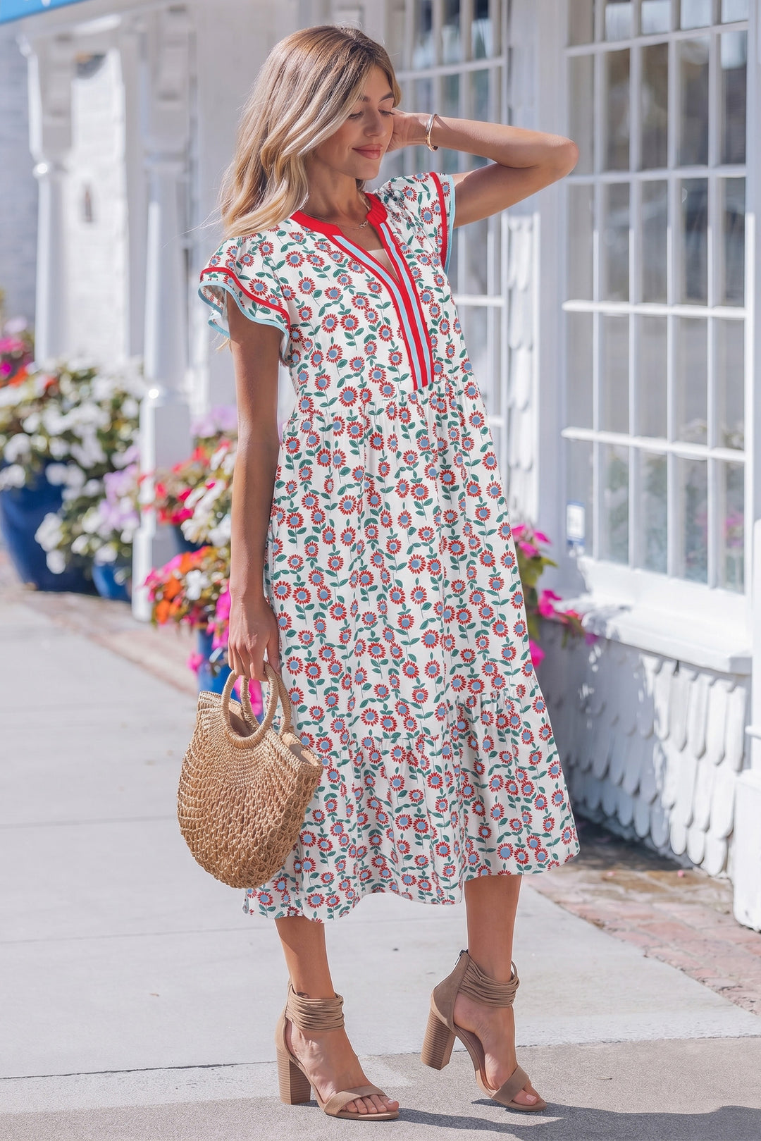 Red Cute Sunflower Printed Striped Trim Flutter Sleeve Long Dress