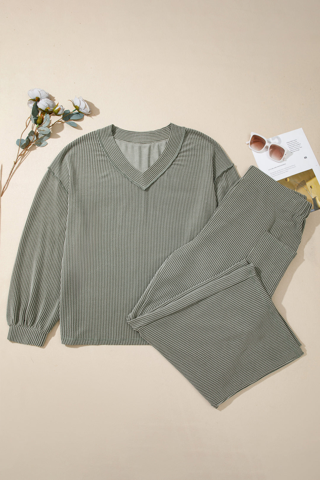 Four Leaf Clover Twisted Ribbed V Neck Pullover Plus Size Pant Set