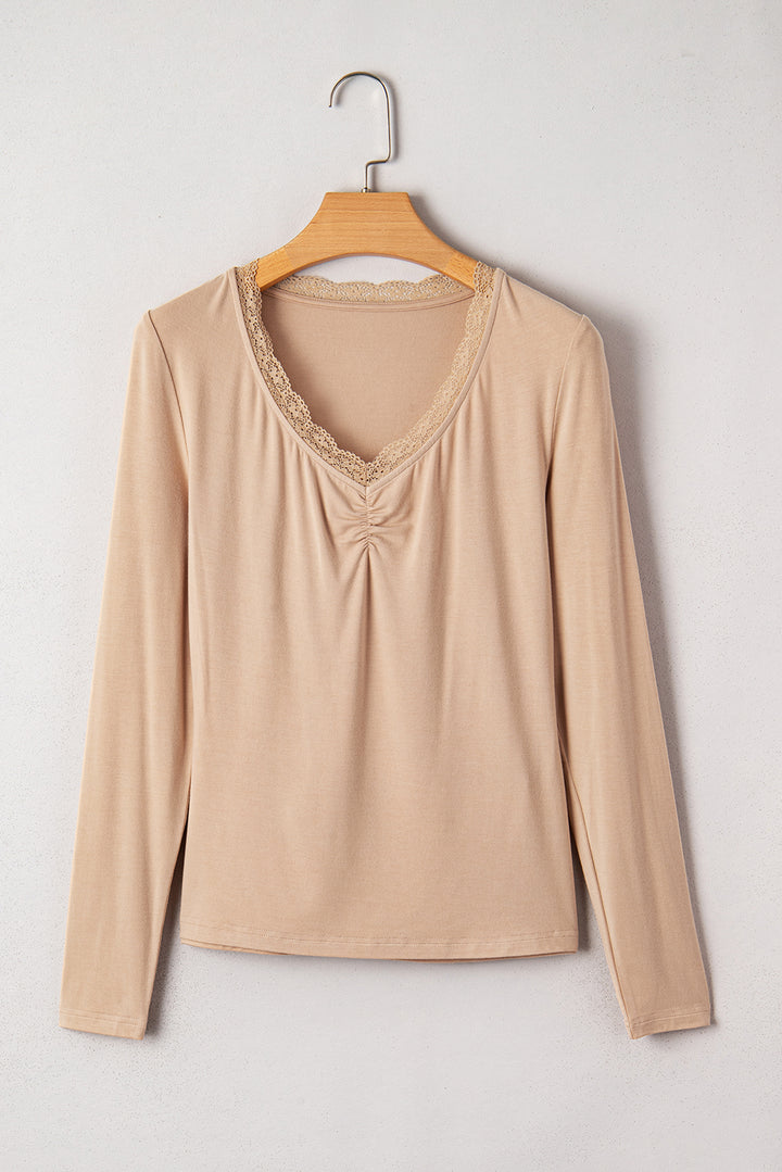 Lace-trimmed Sweetheart Neckline Ruched Detail Long Sleeve T-shirt