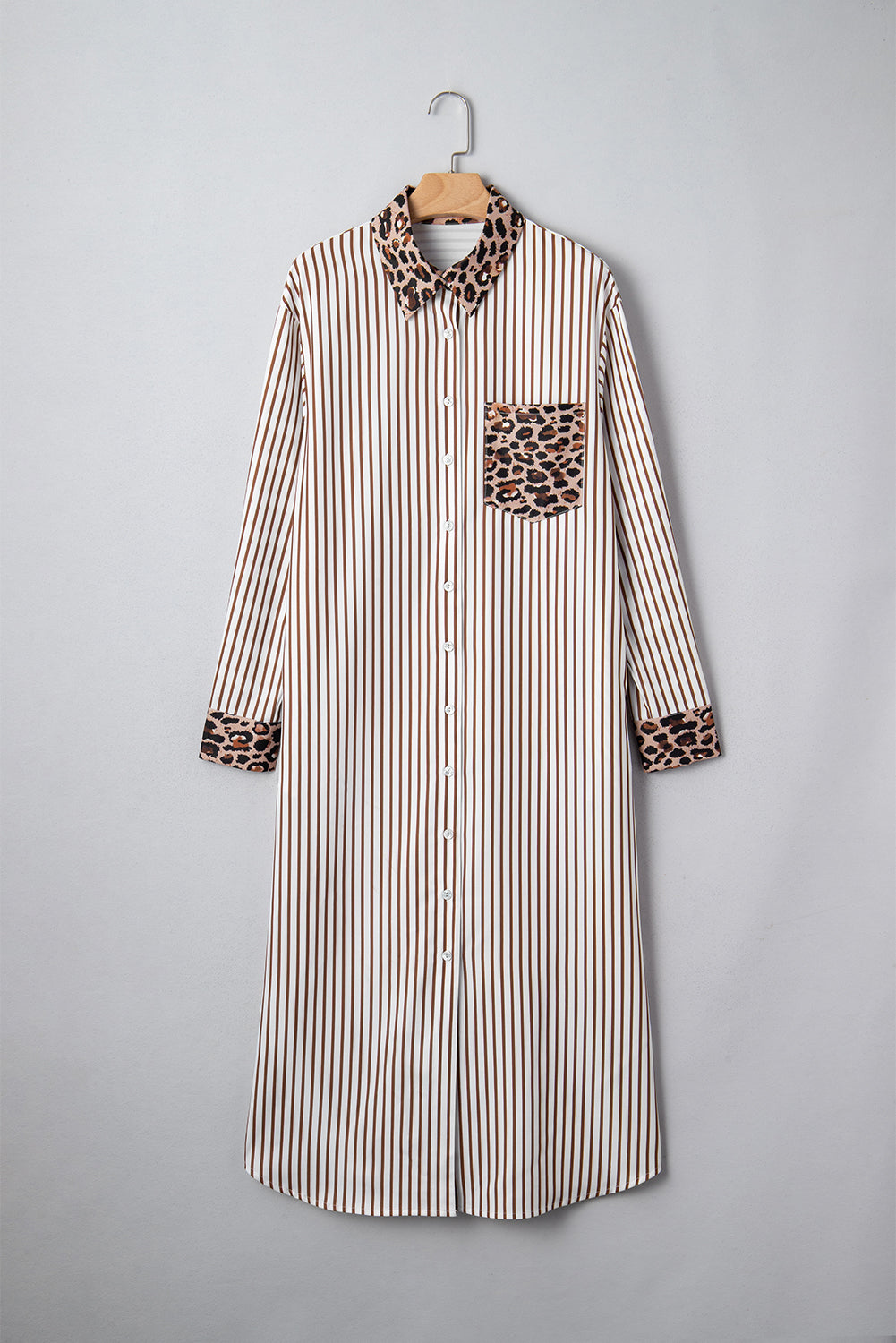 Contrast Leopard Patchwork Long Shirt Dress with Slits