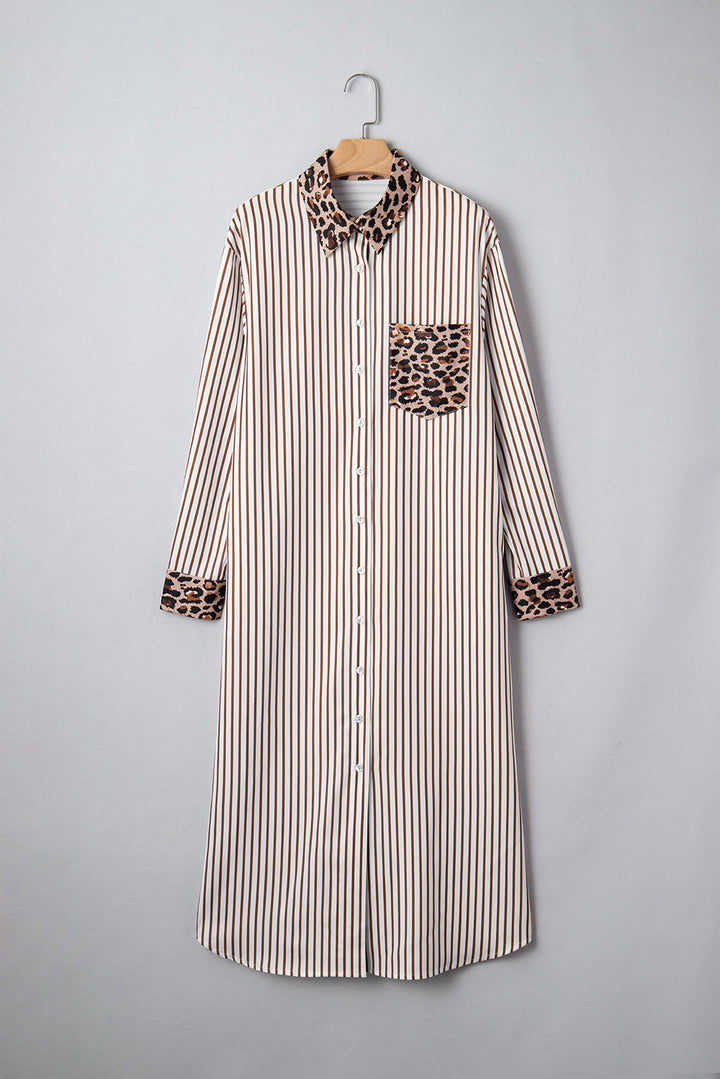 Contrast Leopard Patchwork Long Shirt Dress with Slits