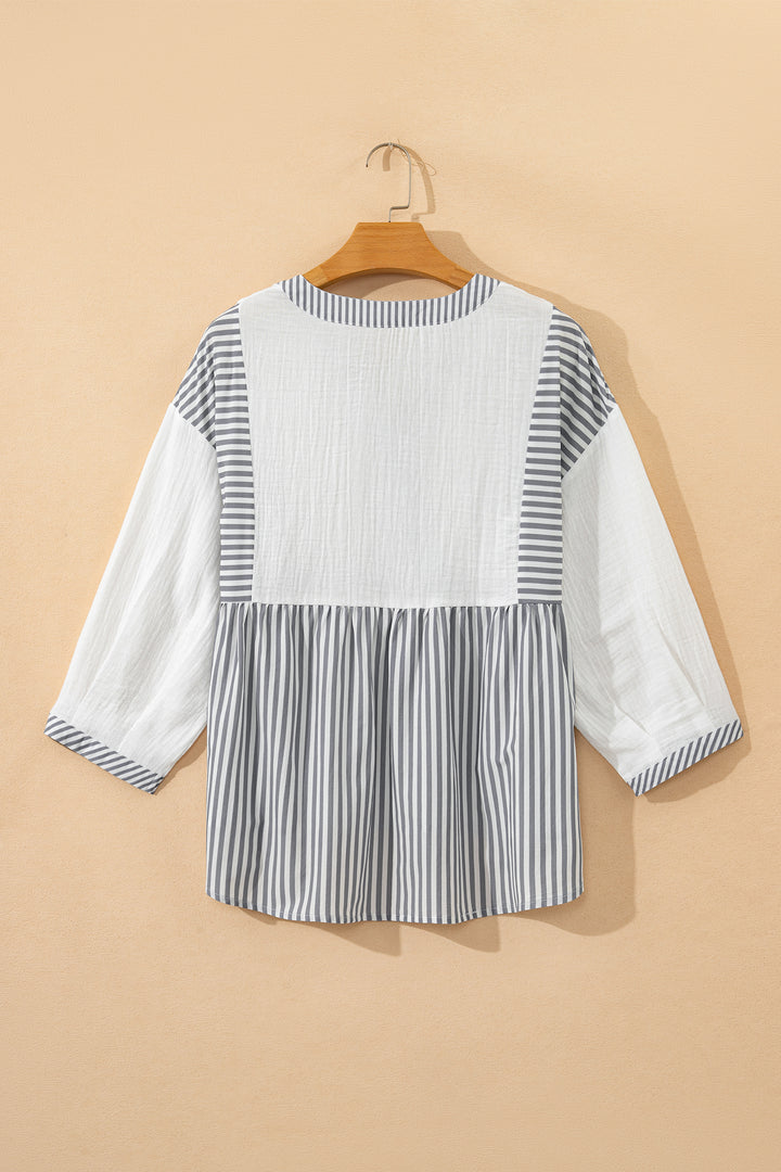 Half Button Gauze Patchwork Bracelet Sleeve Babydoll Blouse