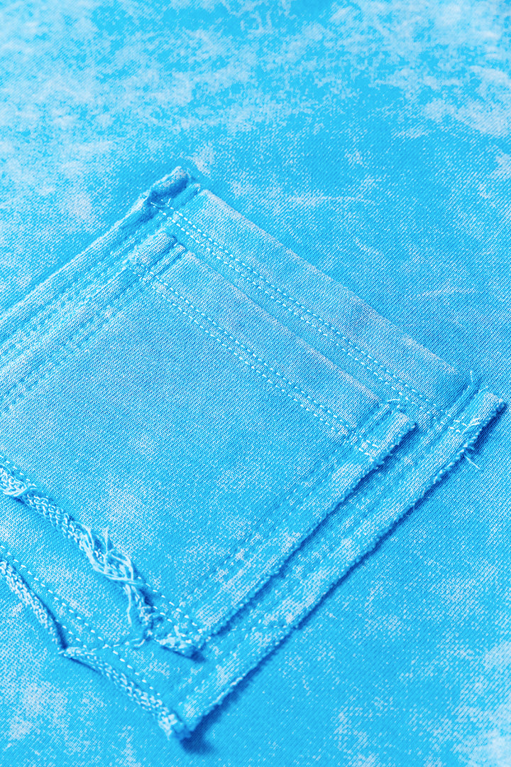 Blue Mineral Wash Raw Seam Double Patched Pocket Pullover Sweatshirt