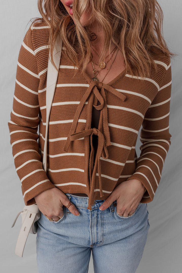 Tie Front Striped Knit V Neck Cardigan Sweater