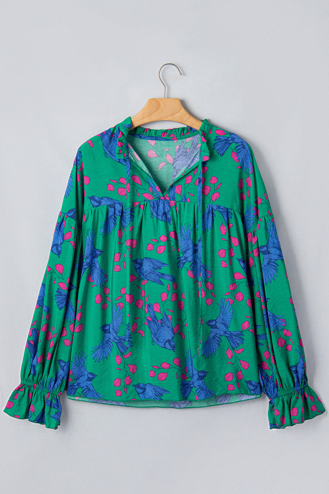 Green Abstract Print Flounced Puff Sleeve Blouse