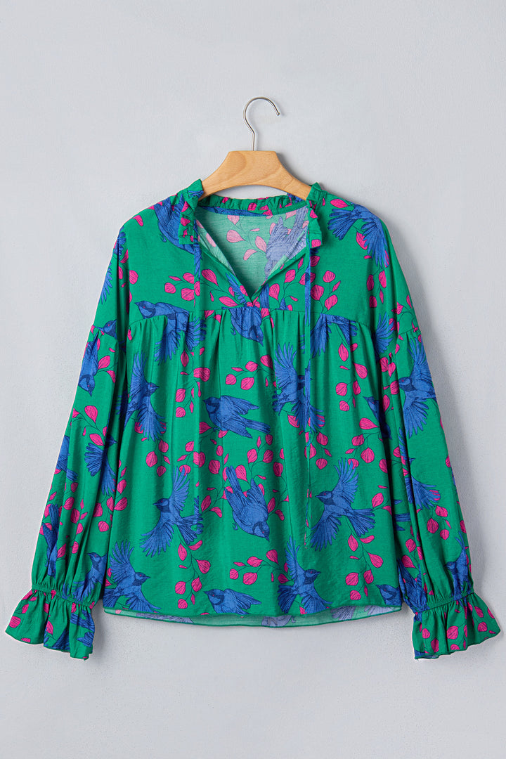 Green Abstract Print Flounced Puff Sleeve Blouse