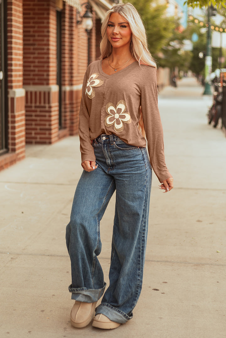 Floral Patchwork V Neck Long Sleeve T Shirt