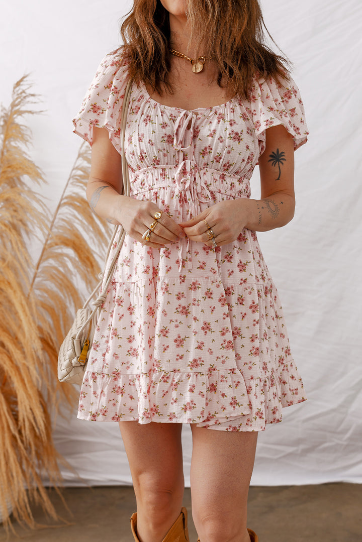 Front Tie Shirred Waist Short Sleeve Ruffled Floral Mini Dress