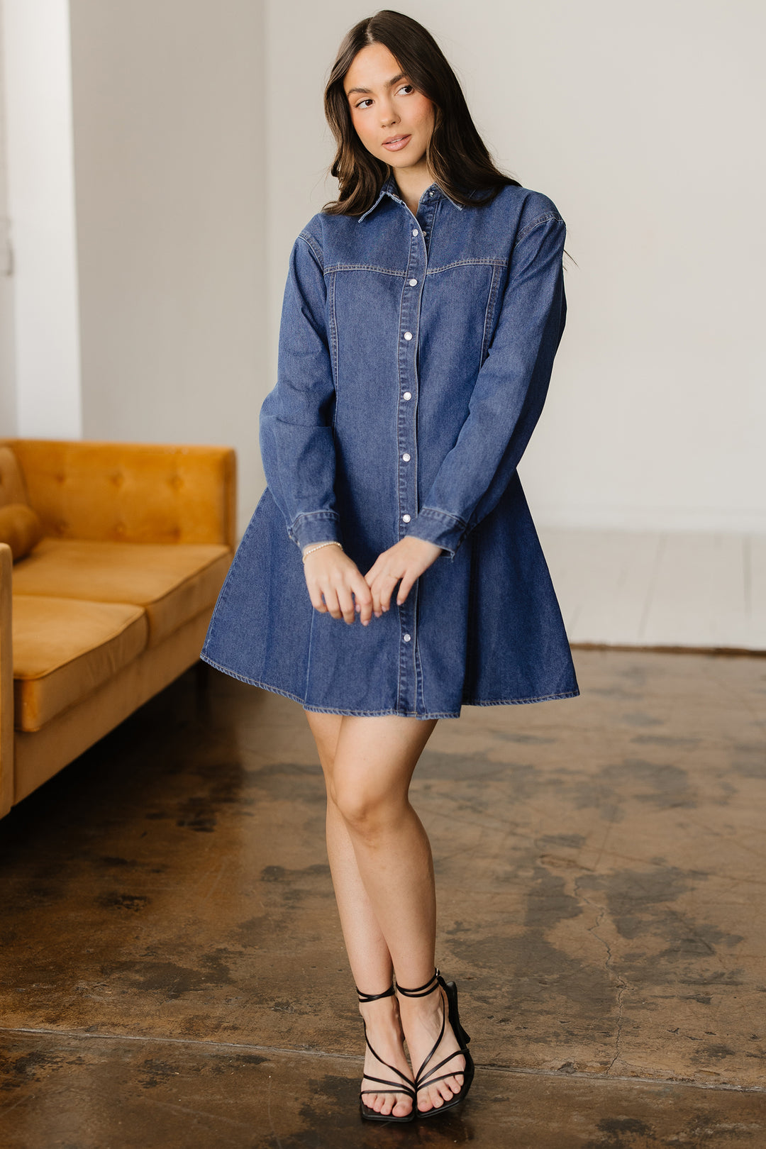 Denim Shirt Collar Long Sleeve Flared Mini Dress