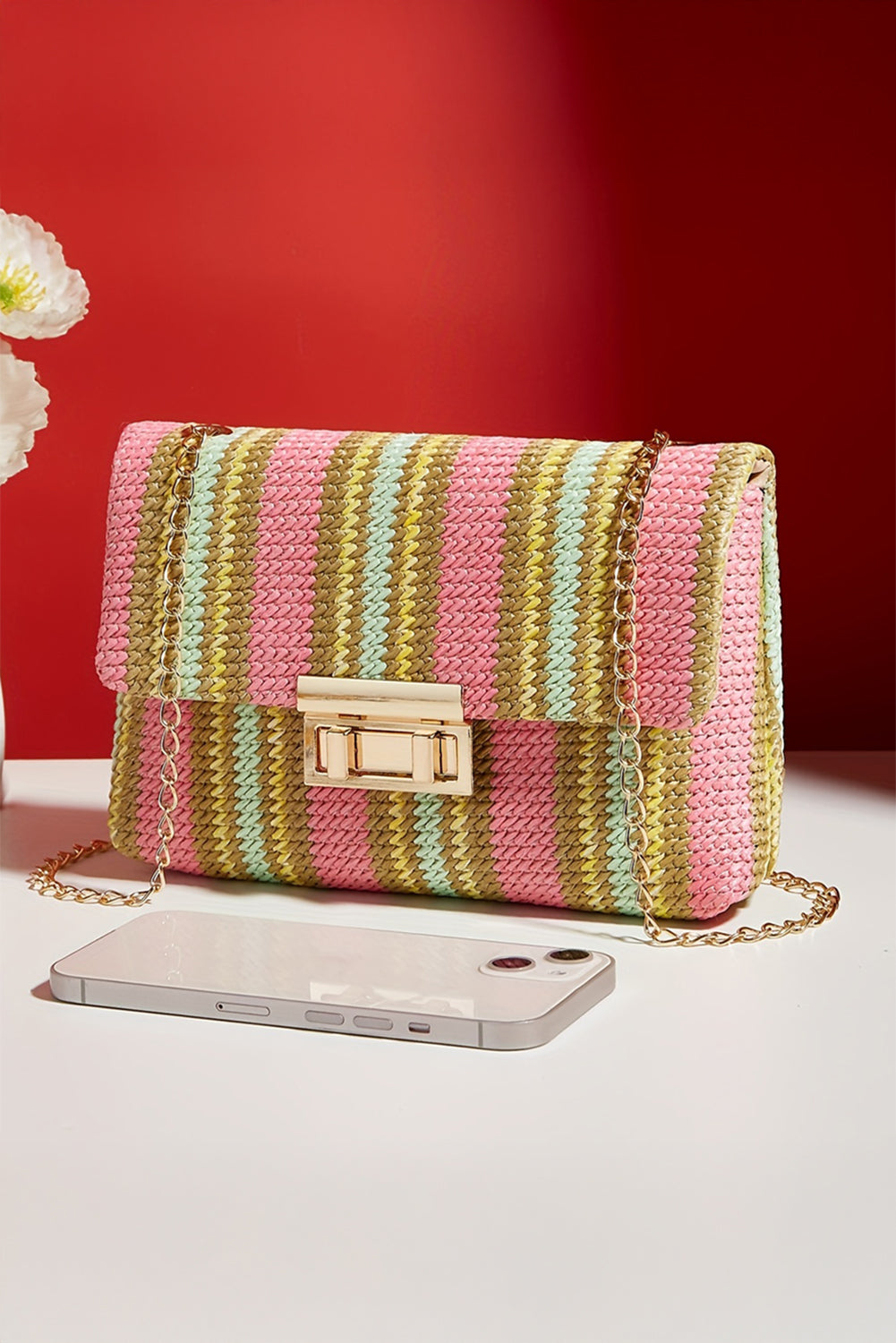 Stripe Woven Flap Chain Strap Shoulder Bag