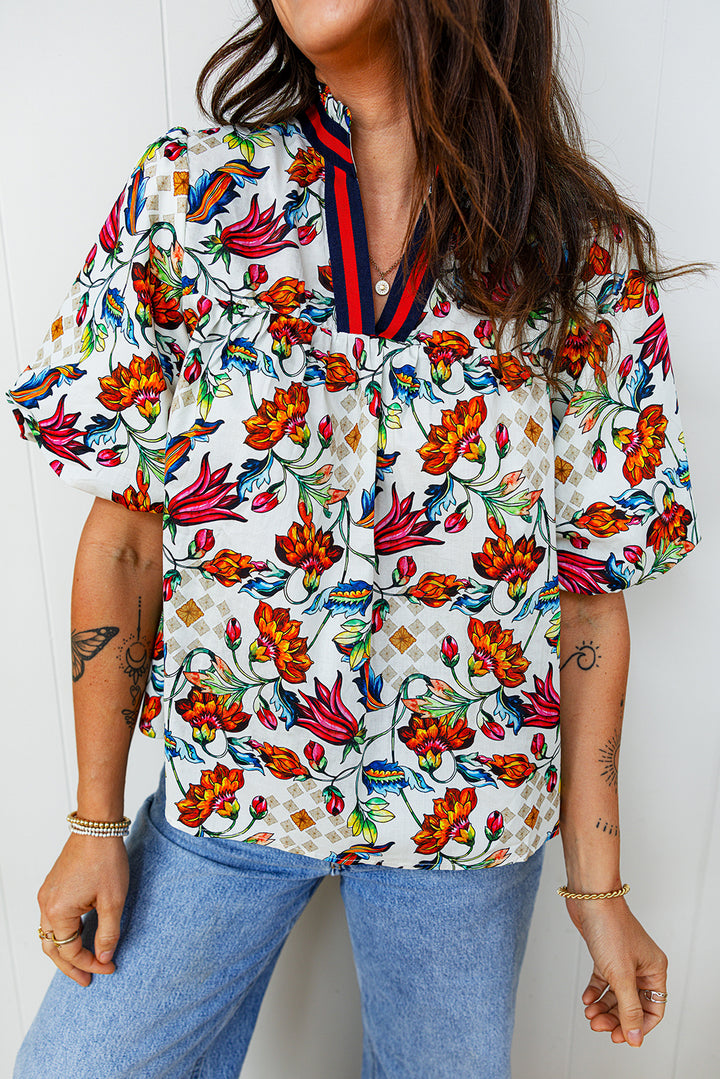 Contrasted V Neckline Floral Puff Short Sleeve Blouse