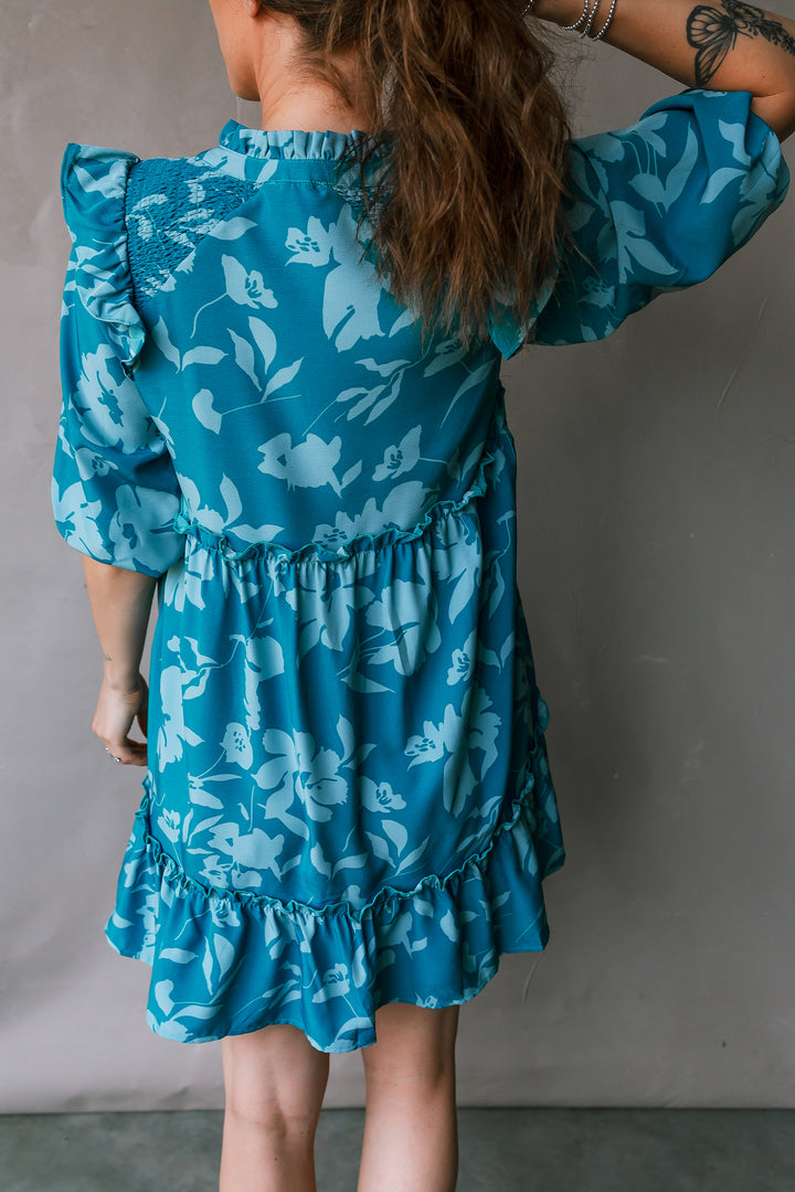 Flower Half Sleeve Tiered Ruffled Mini Dress