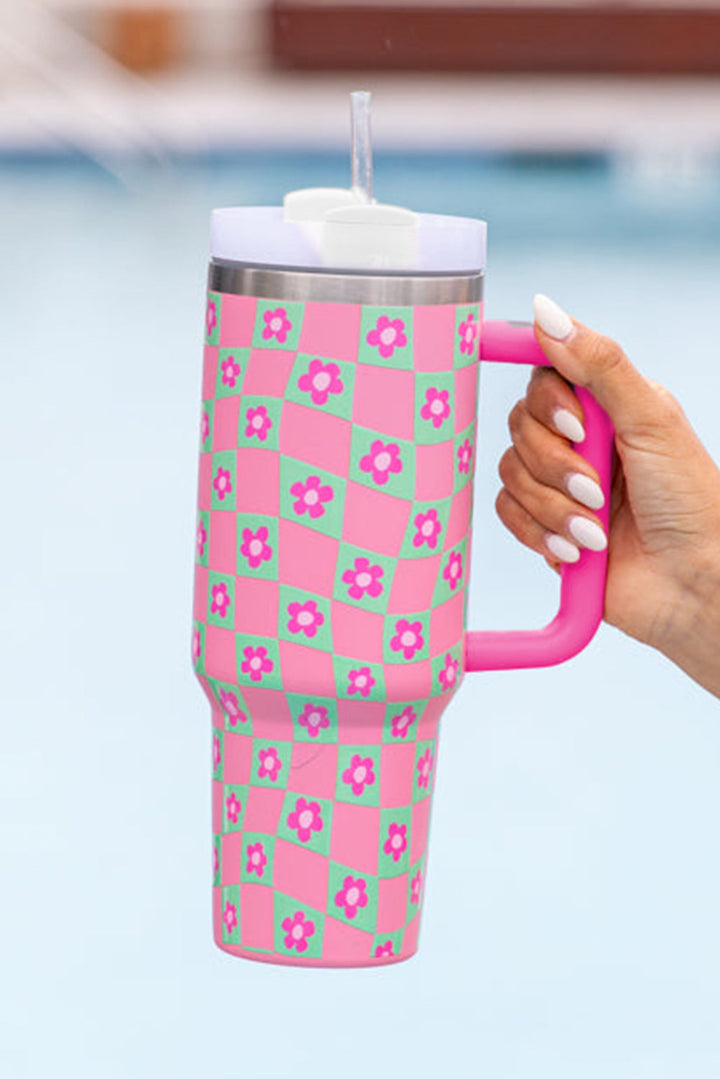 Tasse mit Blumen-Karomuster und Strohhalm, 40 oz