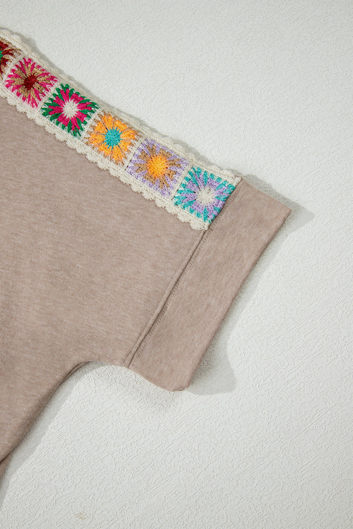 Parchment Granny Square Crochet Detail Loose T Shirt