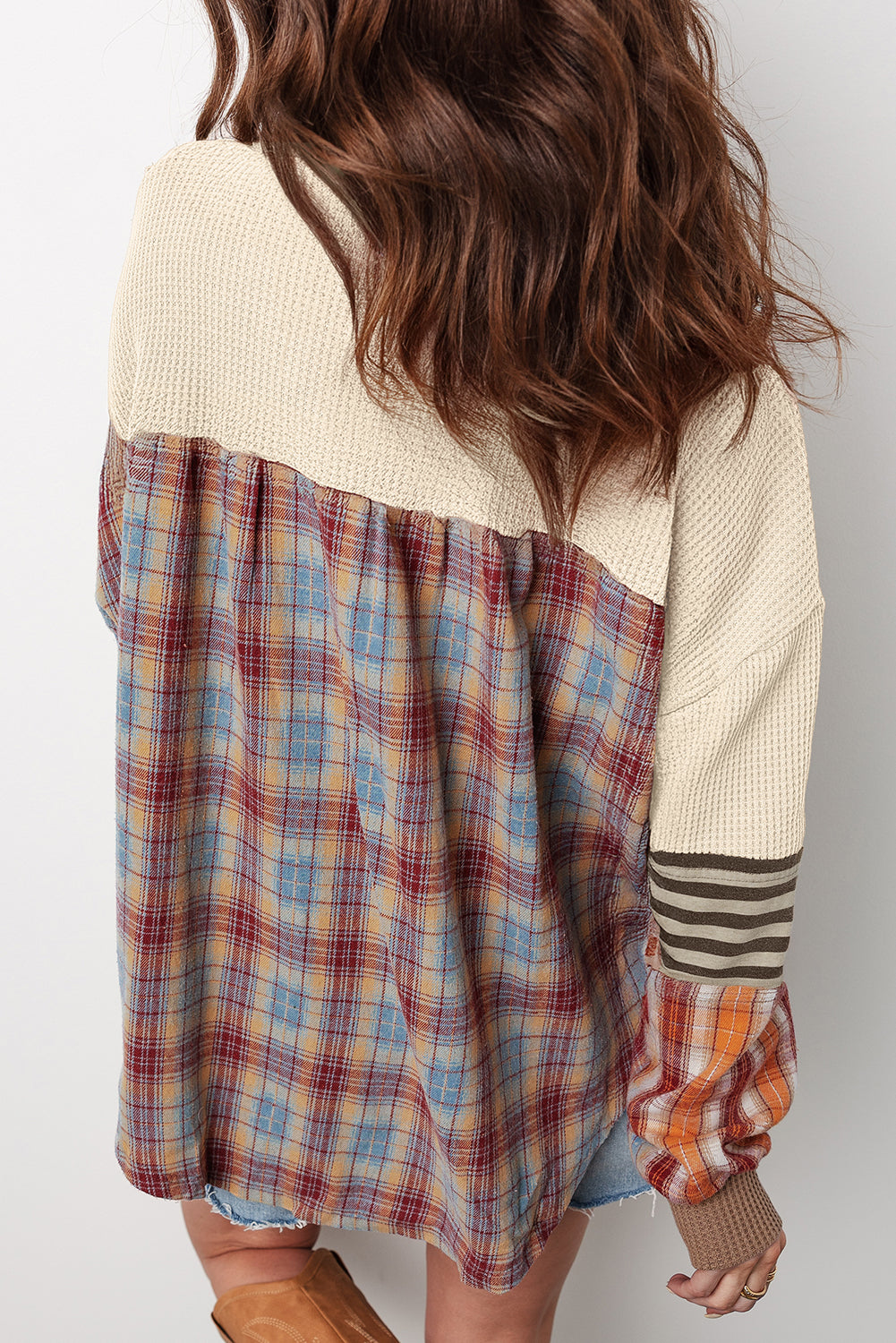Waffle Stripe Plaid Patchwork Henley Knit Top