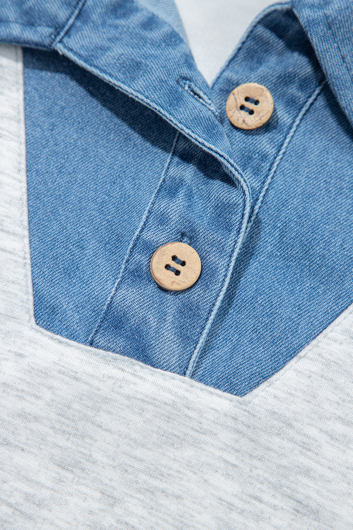 Light Grey Denim Contrast Collar Cuffed Short Sleeve Top