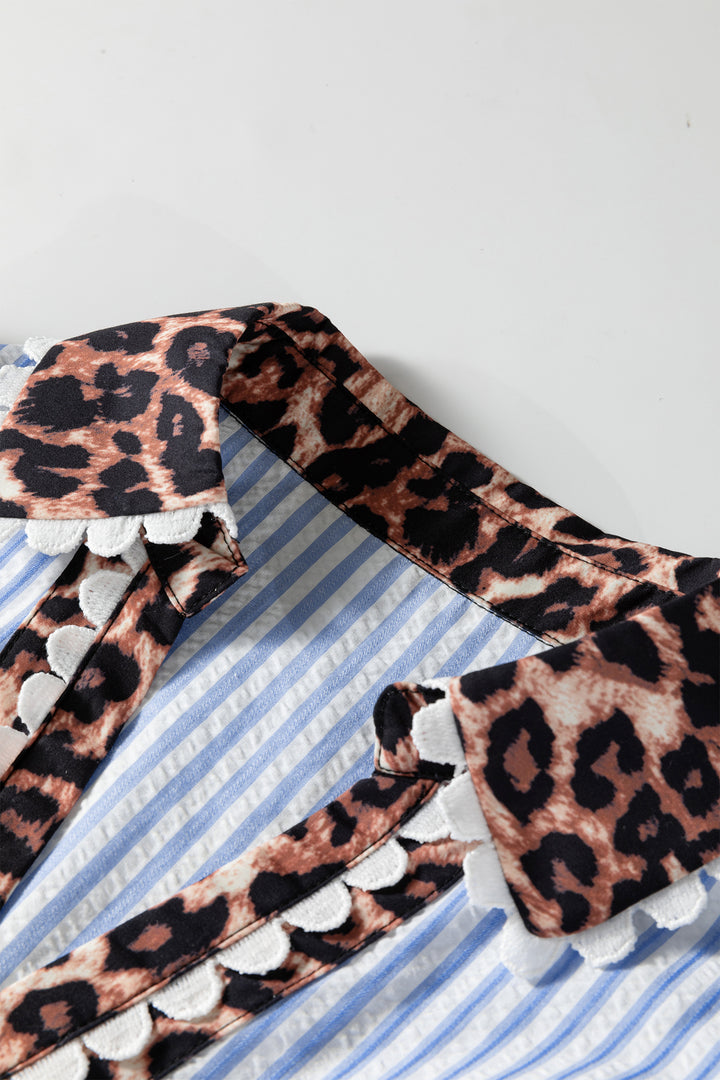 Ricrac Trim Short Puff Sleeve Leopard Patchwork Collar V Neck Blouse