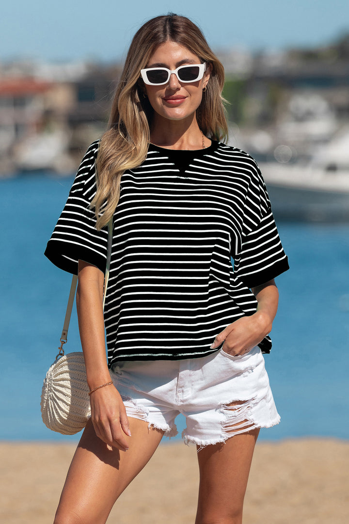 Casual Black Stripe Ribbed Patchwork Seam Detail Half Sleeve Tee