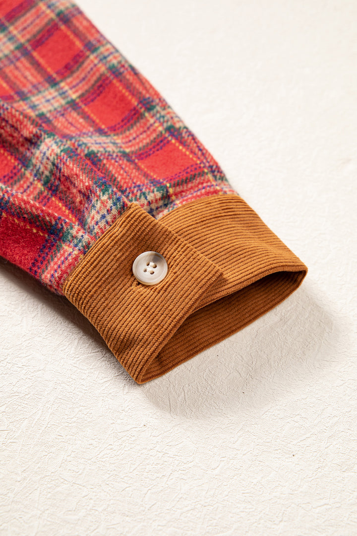 Red Casual Plaid Color Block Collared Button Shacket