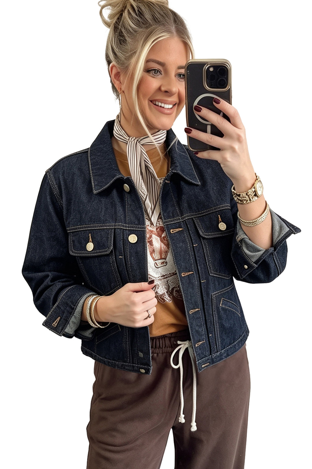 Navy Blue Contrast Stitched Detail Pocketed Vintage Denim Jacket