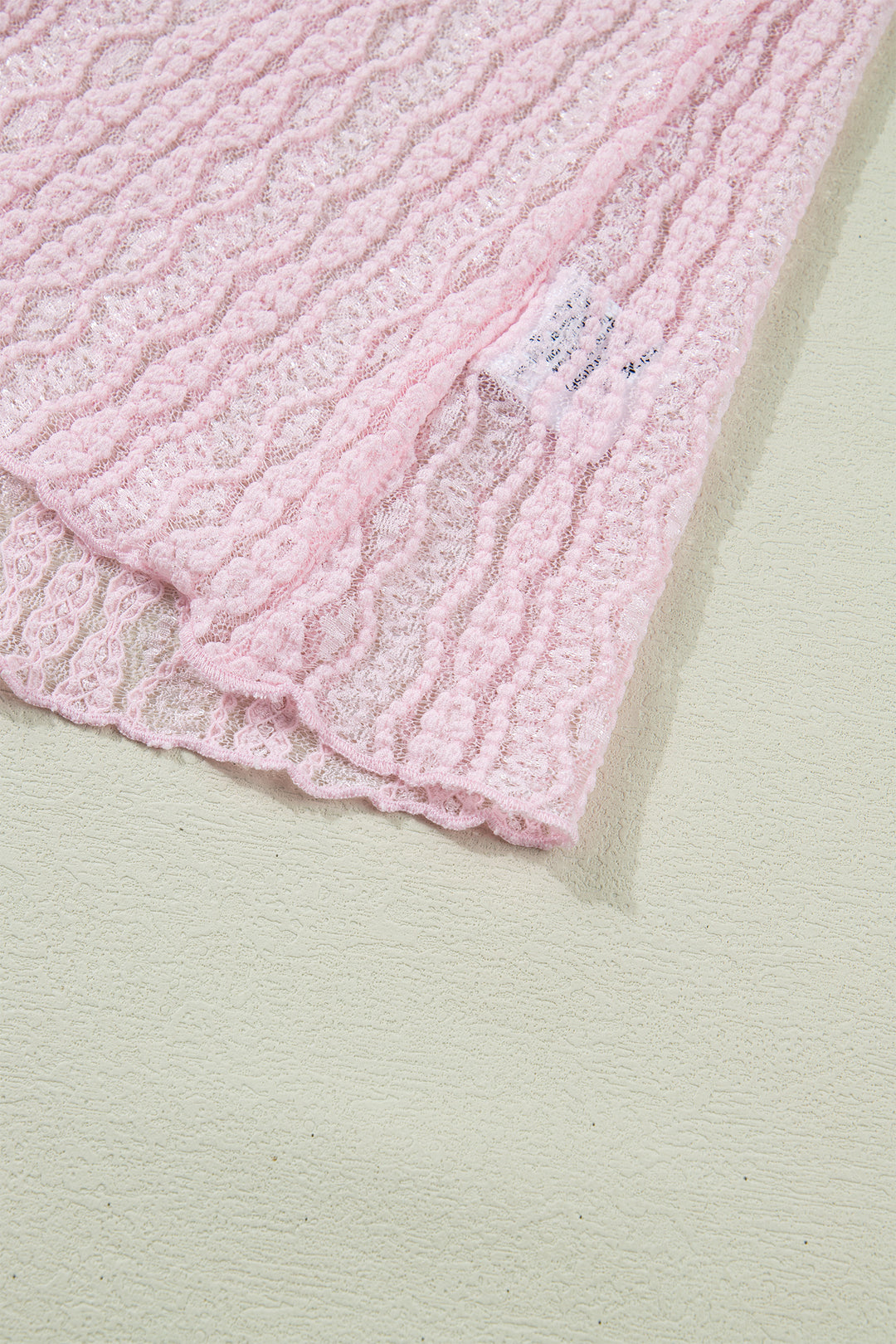 Light Pink Flounced Long Sleeve Mock Neck Sheer Lace Top