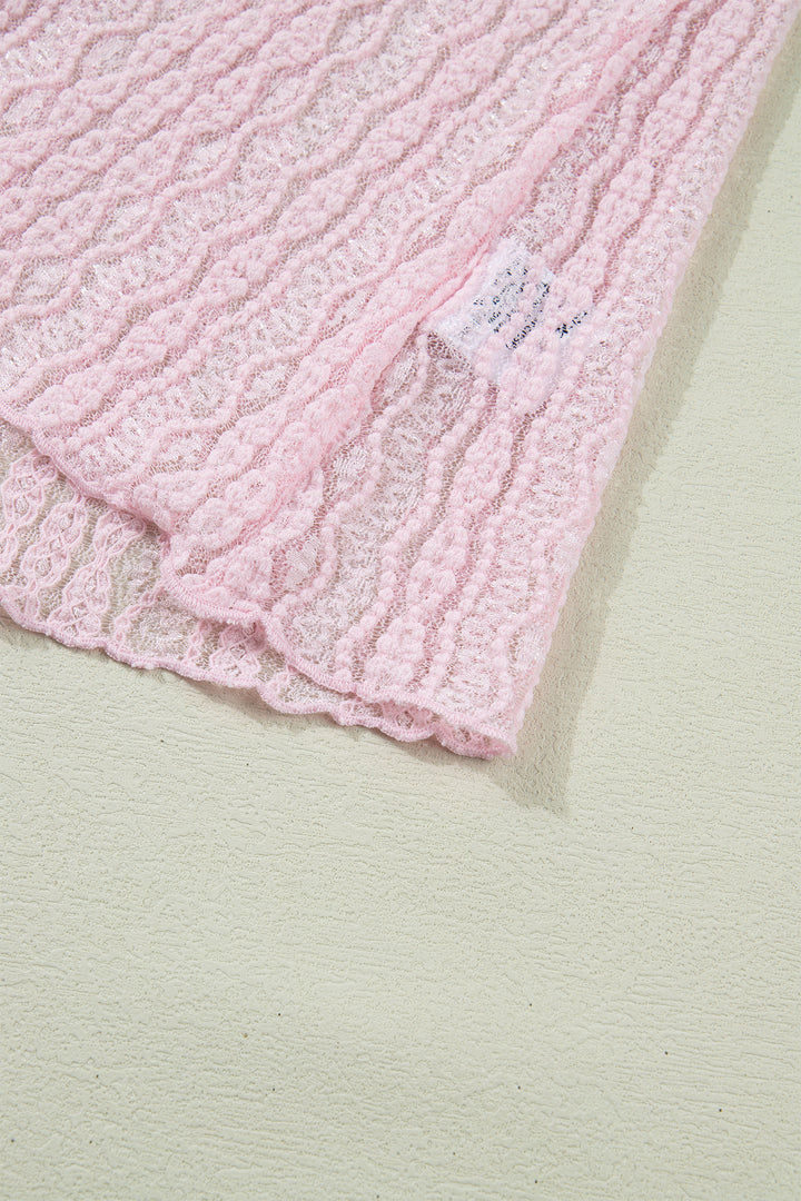 Light Pink Flounced Long Sleeve Mock Neck Sheer Lace Top