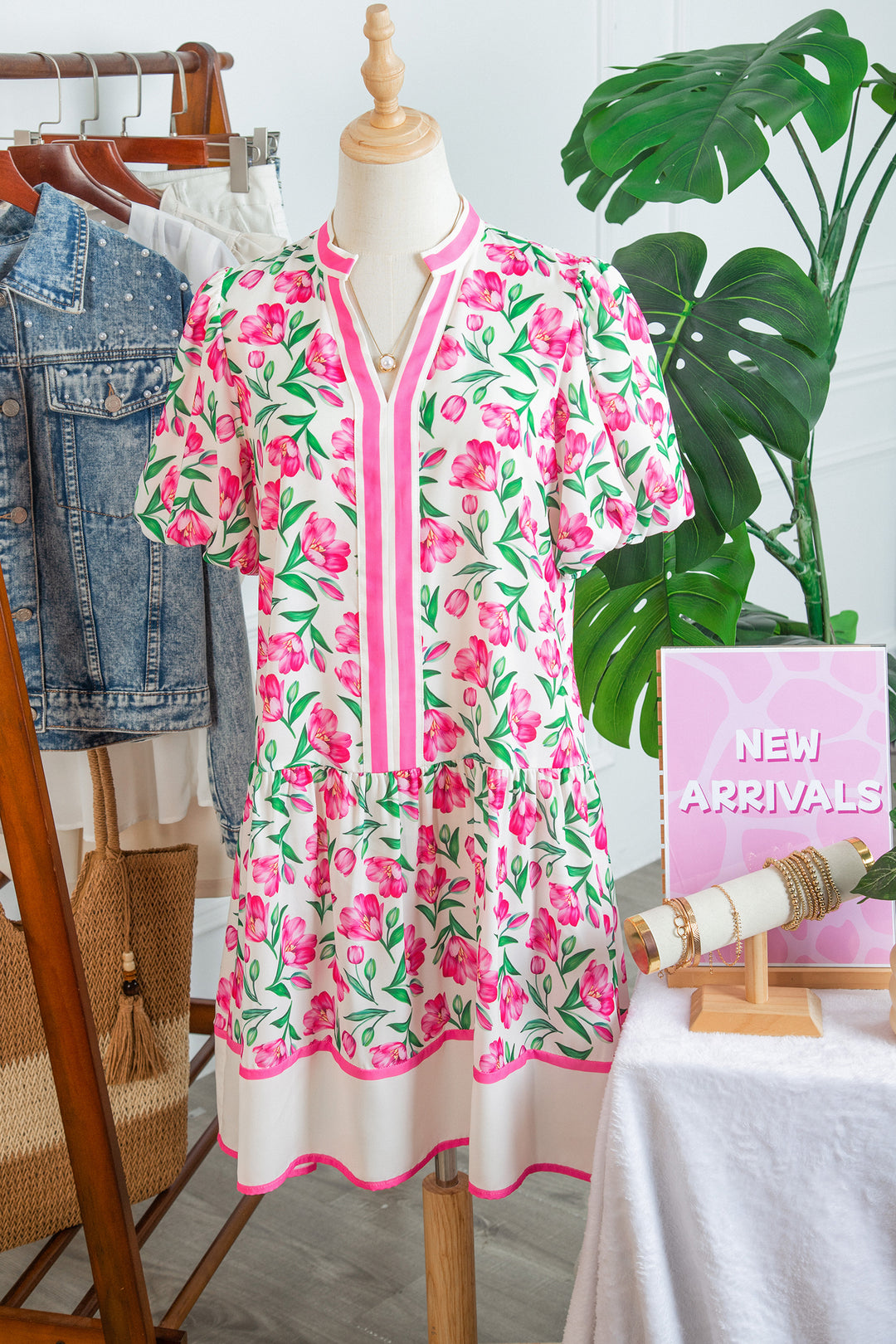 Multicolour Sweet Floral Print Striped Color Block Trim Short Dress