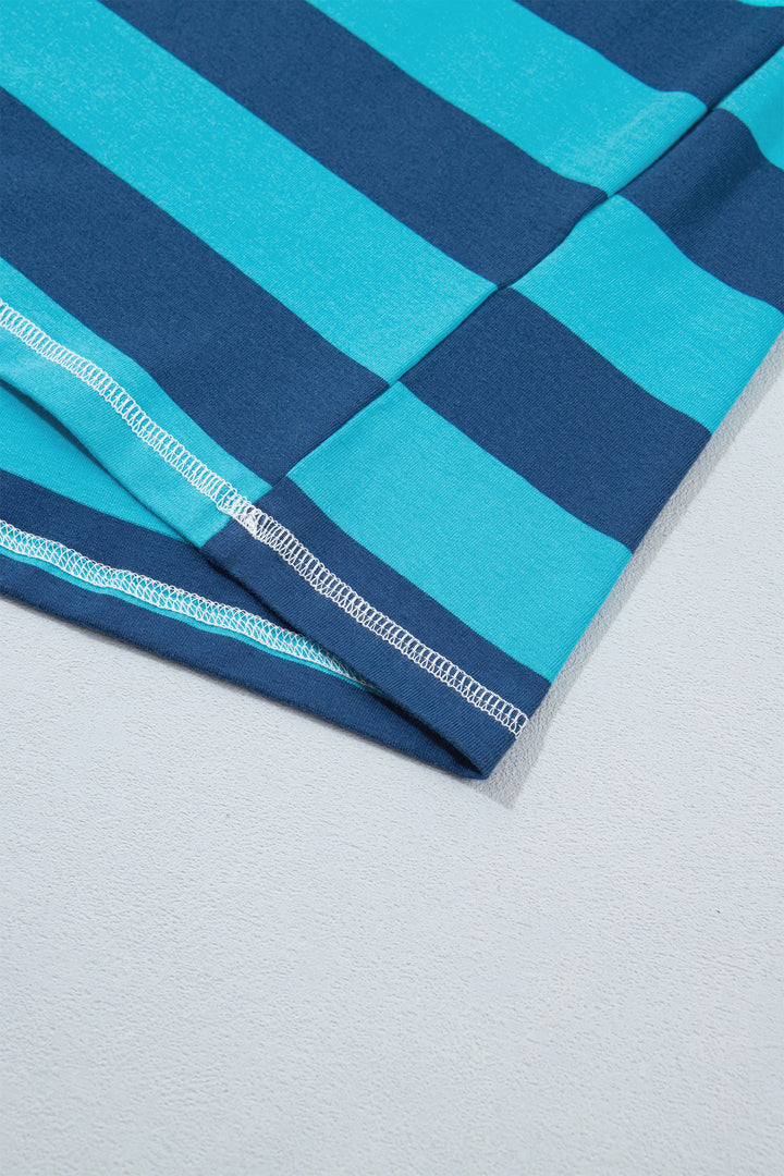 Blue Stripe Contrast Polo Collar Bracelet Sleeve Loose Top