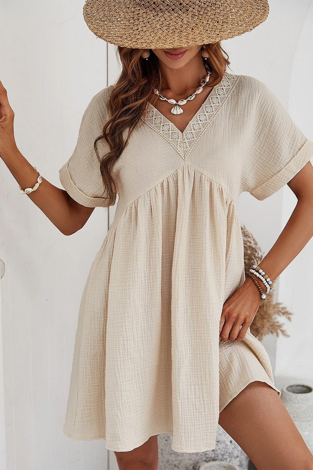 Folded Short Sleeve Lace V Neck Mini Dress