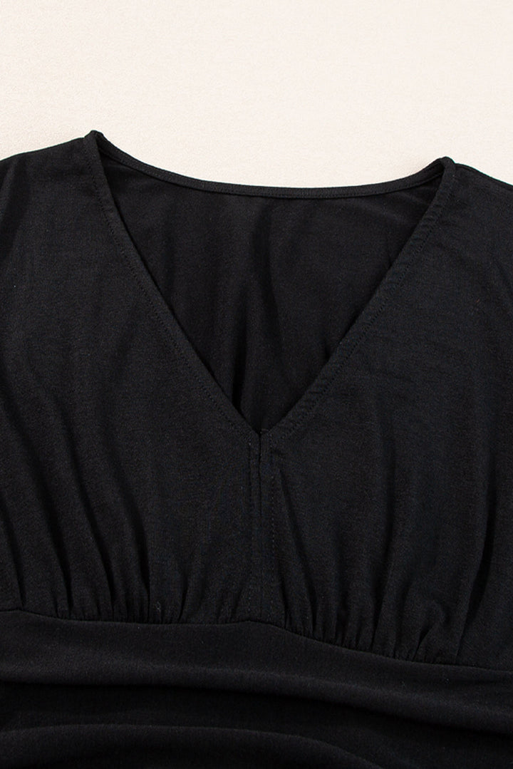 Short Sleeve Shirred High Waist V Neck Maxi Dress