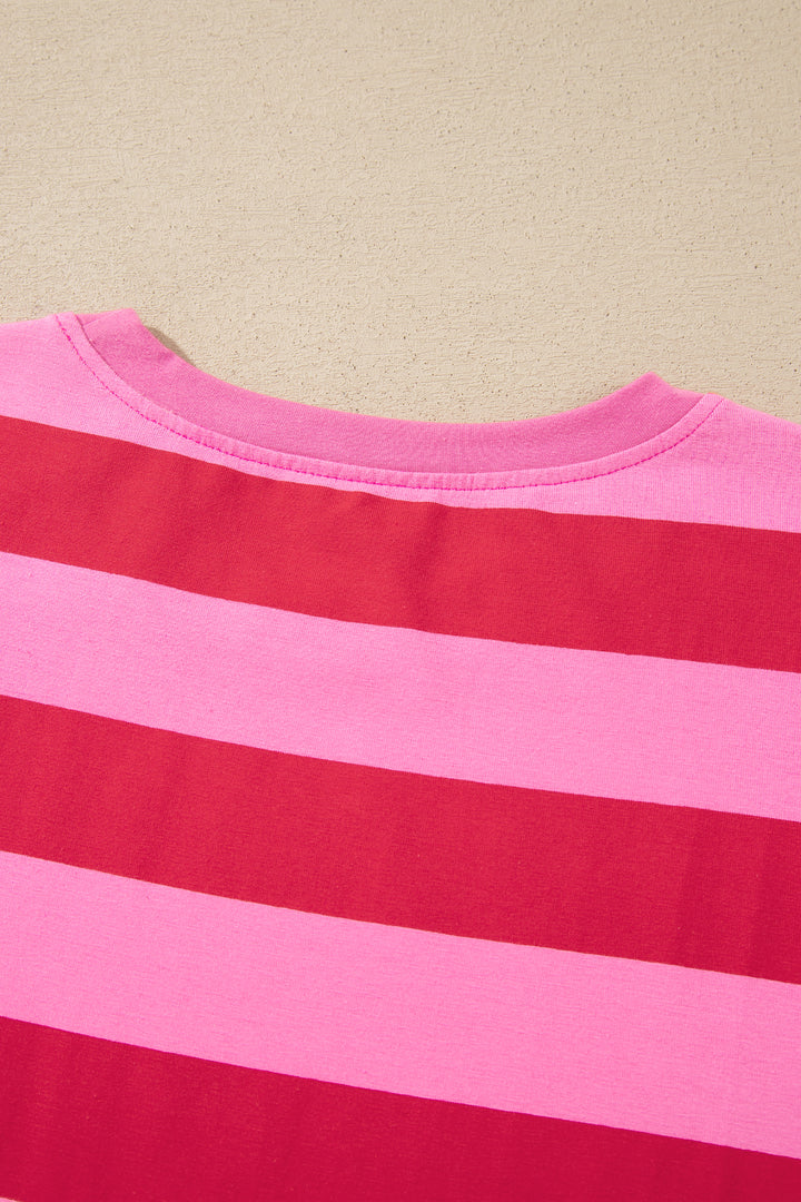Rose Stripe Cuffed Short Sleeve Casual T Shirt Long Dress