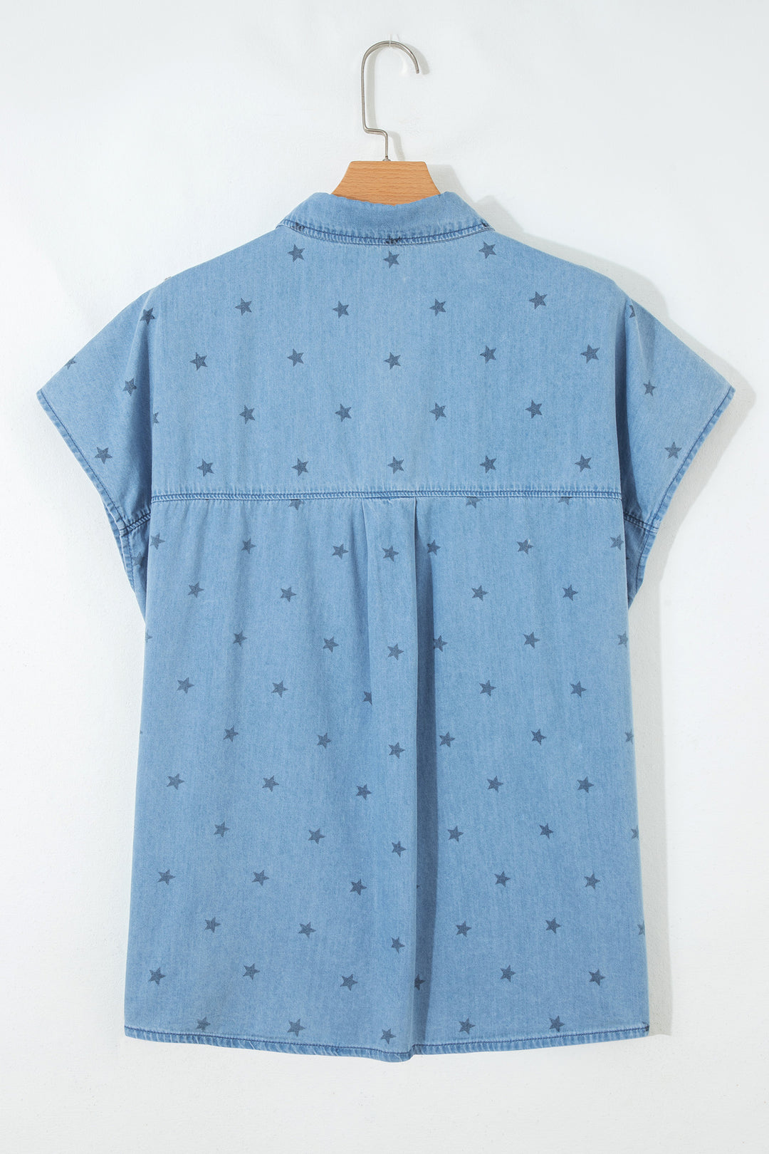 Star Allover Print Double Chest Pocket Short Sleeve Denim Shirt