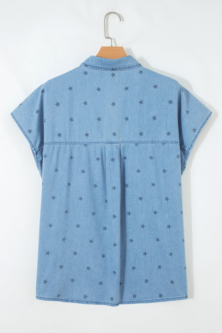 Star Allover Print Double Chest Pocket Short Sleeve Denim Shirt
