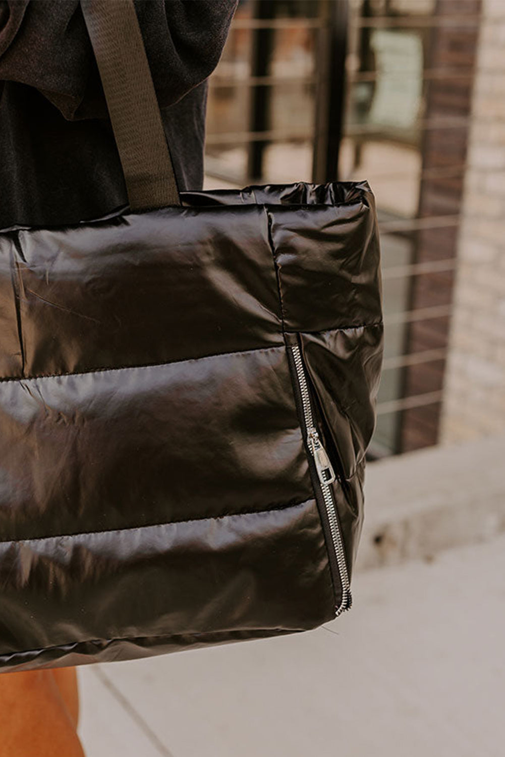 Solid Zipper Puffer Large Tote Bag