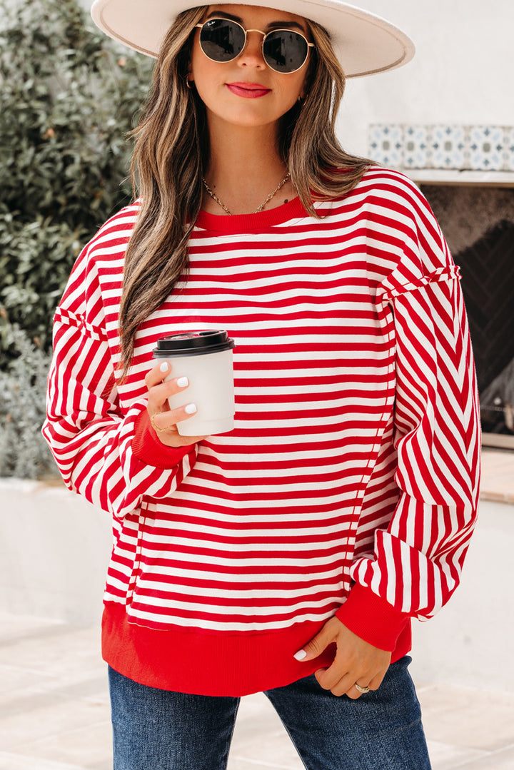 Red Stripe Exposed Seam Cotton Casual Pullover Top