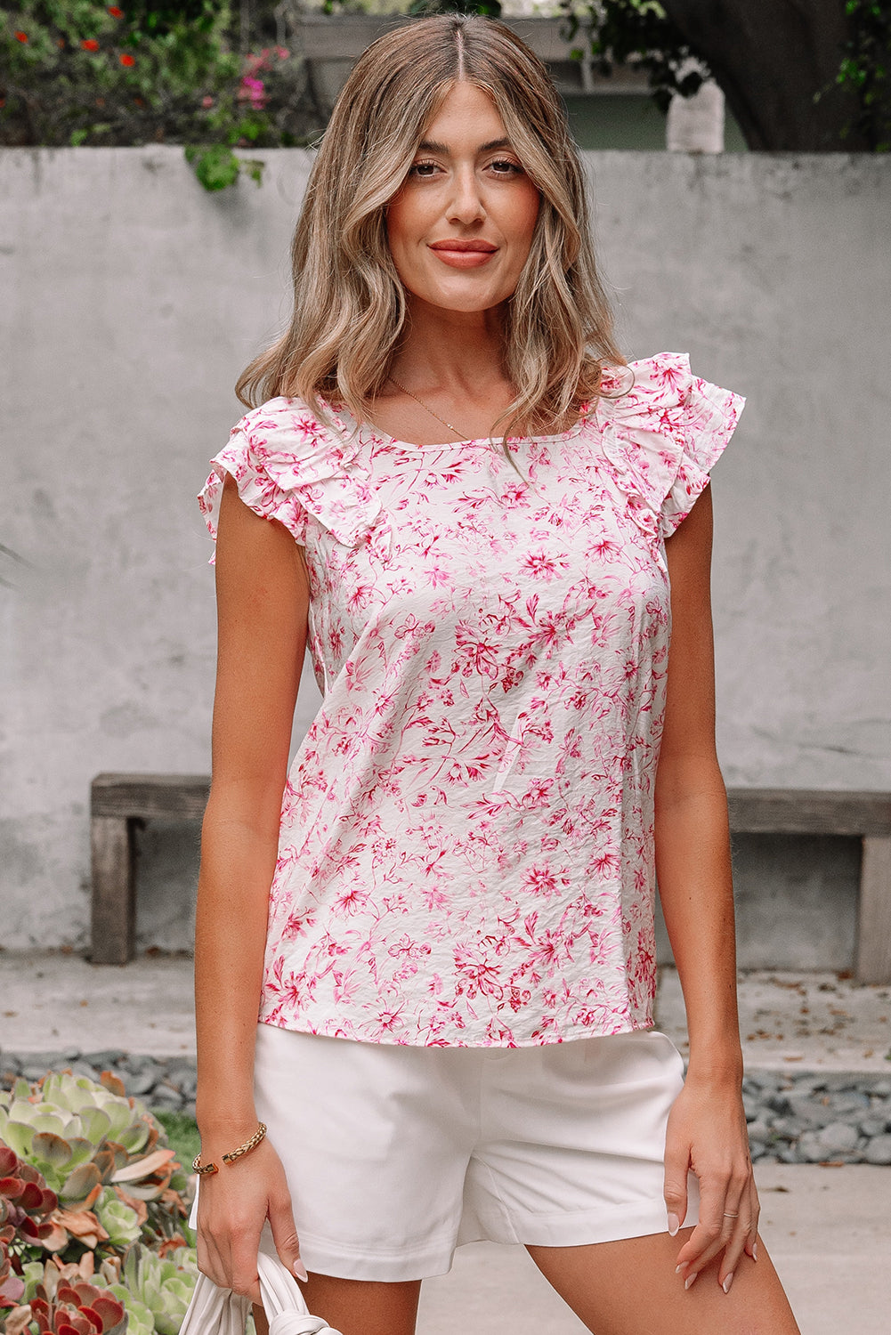 Bluse mit Blumenmuster, Rüschen, kurzen Ärmeln, Schleife hinten und quadratischem Ausschnitt