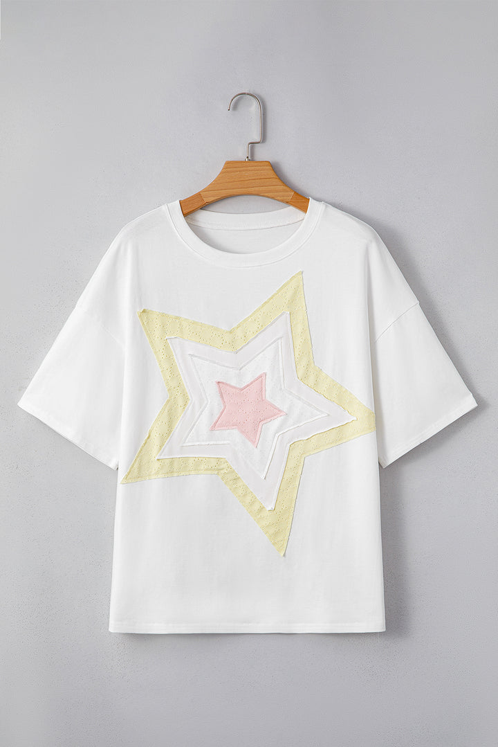 Star Layered Patched Graphic Drop Shoulder Half Sleeve Loose Tee