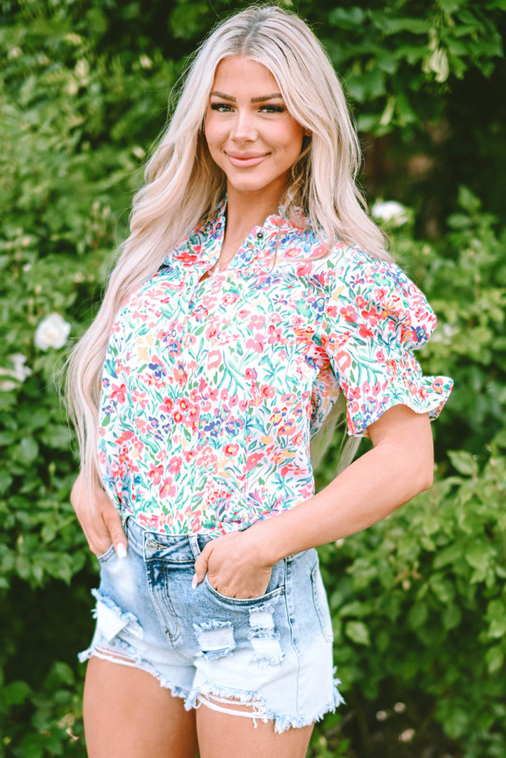 Floral Print Button Split Neck Puff Sleeve Blouse