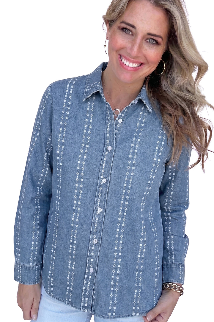 Myosotis Floral Print Button-Down Long Sleeve Denim Shirt