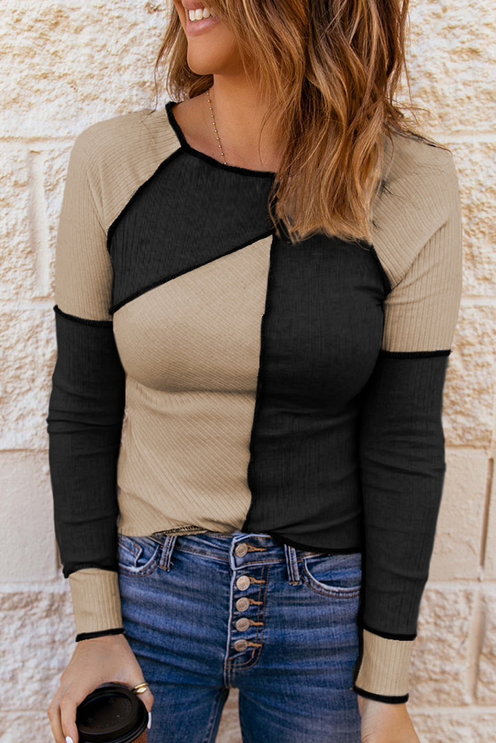 Irregular Color Block Seaming Trim Rib Knit Top