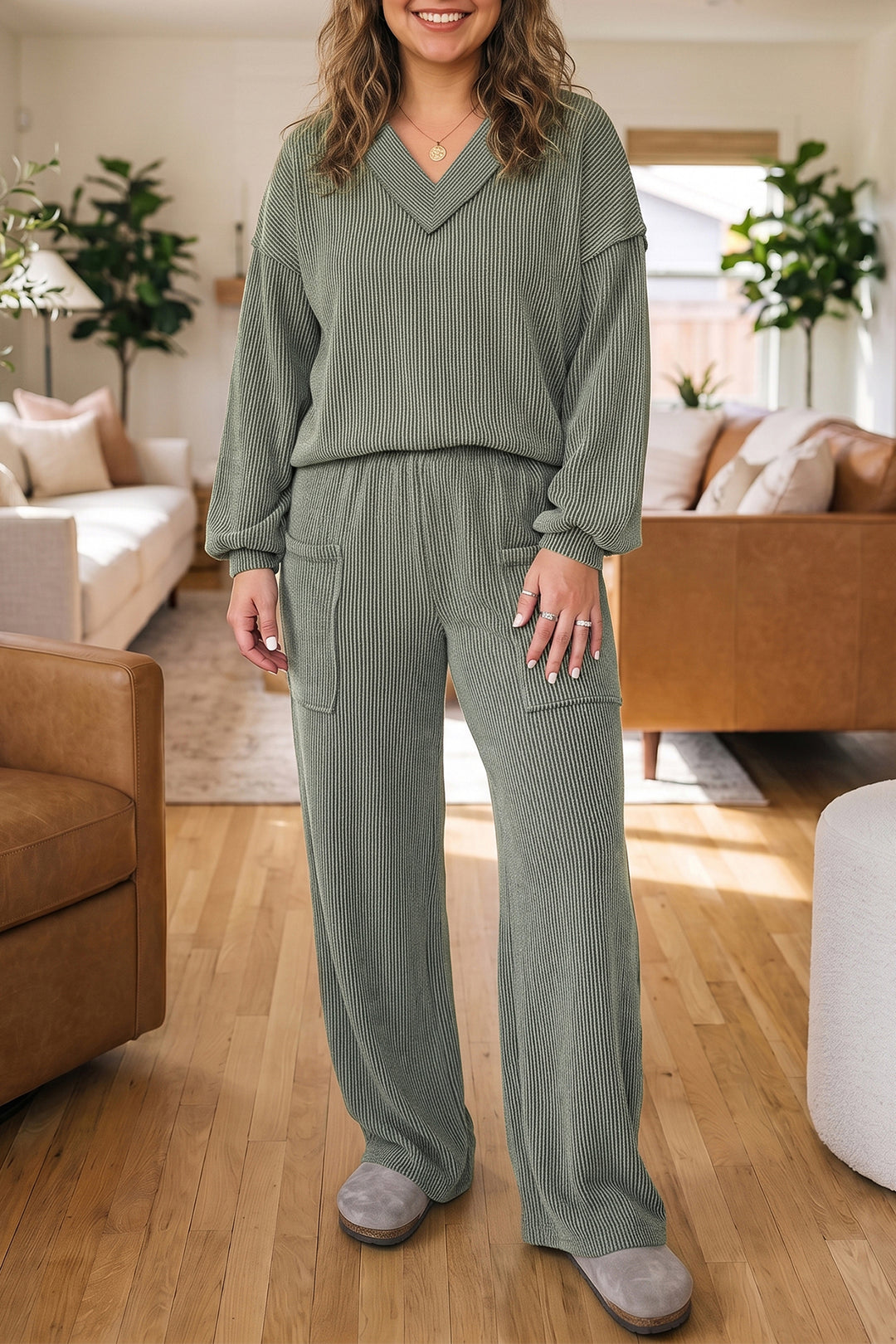 Four Leaf Clover Twisted Ribbed V Neck Pullover Plus Size Pant Set