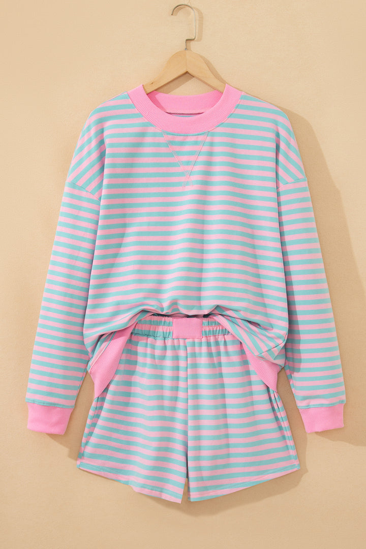 Pink Stripe Color Block Detail Long Sleeve Pullover Elastic Waist Pull On Shorts 2pcs Set