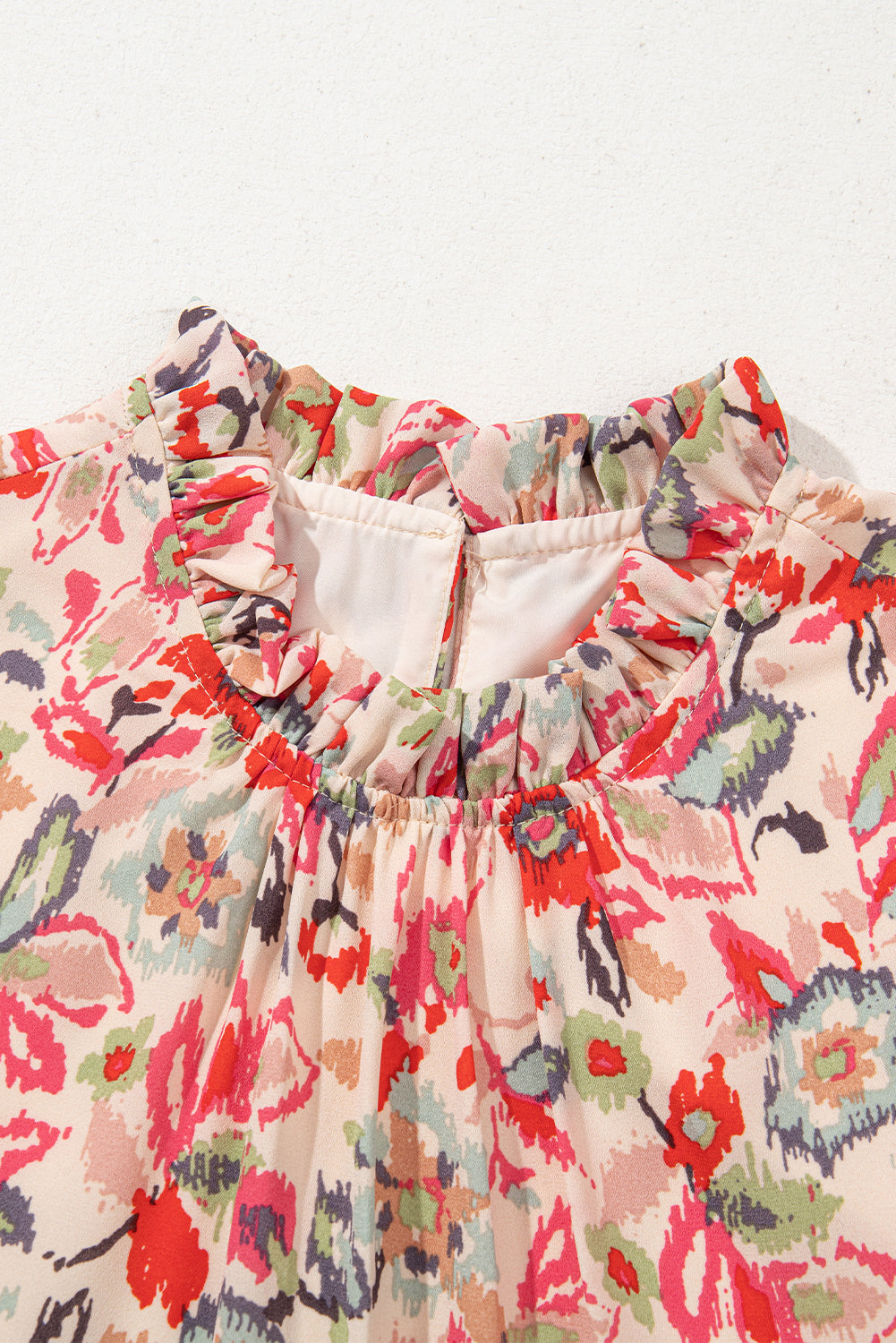 floral print frilled neck puff sleeve high waist dress