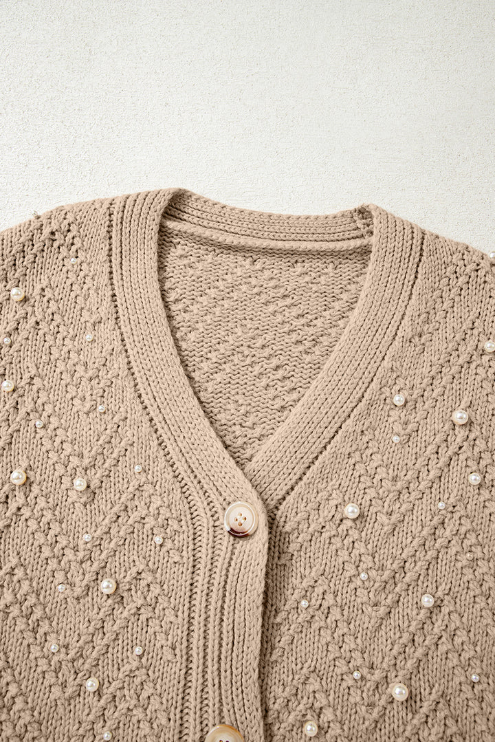 Smoke Gray Pearl Embellished Button Front Sweater Cardigan